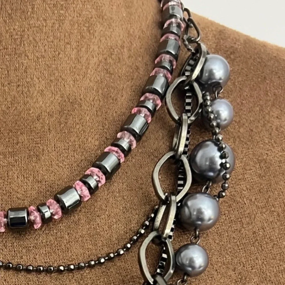 Gunmetal Layered Faux Pearl Pink Bead Chain 2 Necklaces  17